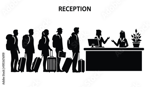 Reception area silhouette with people waiting at a hotel or office desk