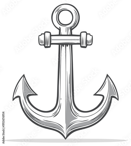Nautical gray-scale anchor sketch illustration, hand-drawn symbol of maritime, boating and sea adventures.
