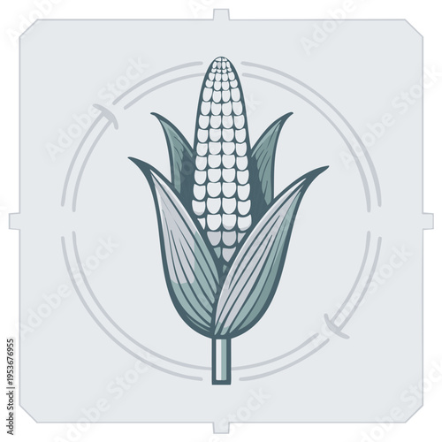 Stylized illustration of a corn cob with husks and graphic circular elements