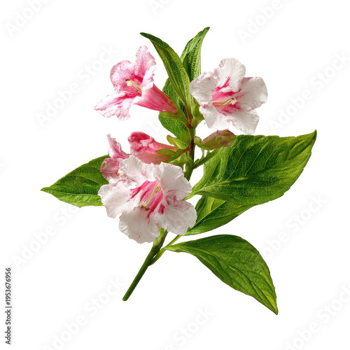 Flowers with pink and white petals display on a green stem against a plain background in a bright setting during daytime