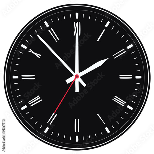Modern black wall clock with Roman numerals and white hands showing time