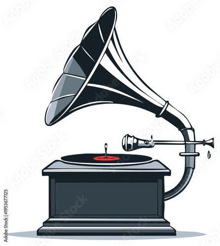 Vintage gramophone playing music with spinning vinyl record and horn speaker
