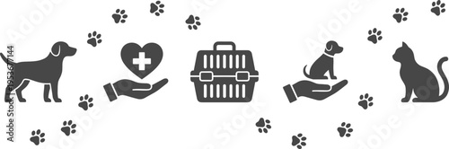 Veterinary Care and Pet Adoption Horizontal Set with Dog Cat Silhouettes Medical Heart Symbols and Paw Print Trail for Animal Shelter Banners