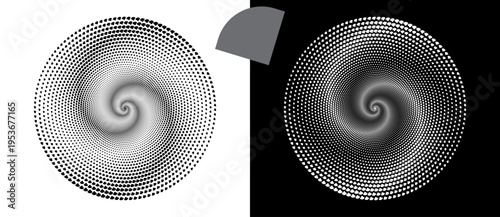 Abstract monochrome spiral vortex with overlapping rounded segments. Modern vector radial design on white and black backgrounds for loading icons, tech branding or optical art.
