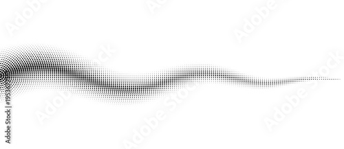 Abstract monochrome halftone dot wave on white. Modern vector illustration of flowing dotted trail for digital data, technology signals, sound waves or panoramic web banner headers.