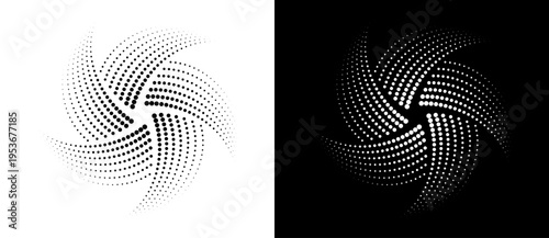 Abstract monochrome halftone dotted spiral vortex with five curved arms. Modern vector radial design on white and black backgrounds for logo, loading icon, tech branding or optical art.