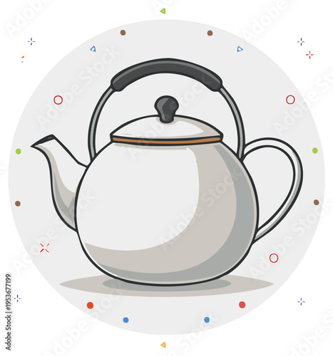 Cartoon-style illustration of a white tea kettle with a black handle on a light background