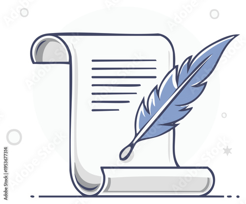 Illustration of a Quill Pen Resting on a Scroll Document with Text