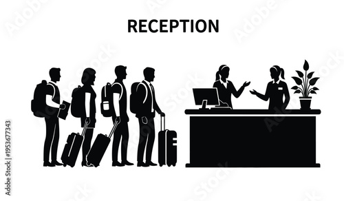 Reception area with people in silhouette waiting to check in at a hotel or office