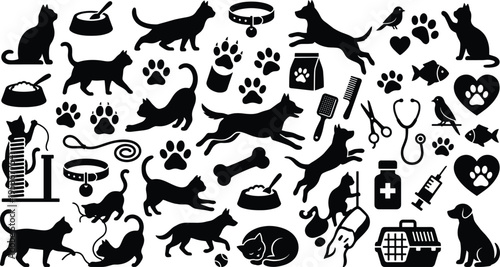 Large Pet Care Silhouette Collection Featuring Cats, Dogs, Birds, and Fish with Veterinary Equipment, Grooming Tools, Toys, and Food for Animal Services
