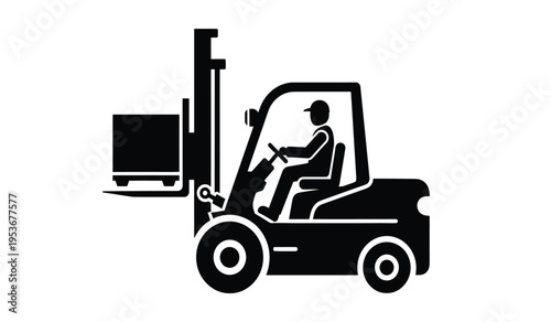 Silhouette of a person operating a forklift with a pallet