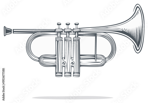Illustration of a brass trumpet musical instrument.