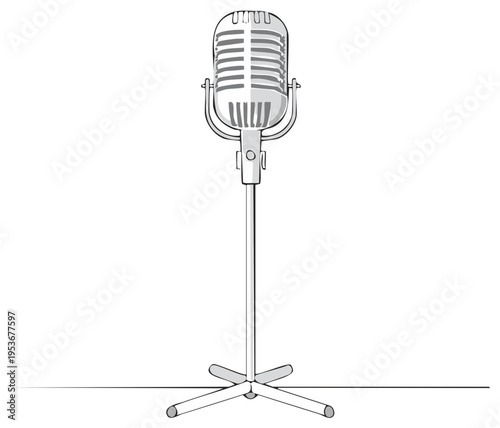 Vintage Microphone Graphic Sketch on a Stand for Concerts, Performances and Studio Recording