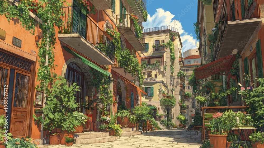 Fototapeta premium City streets look pretty with buildings and plants on a sunny day.