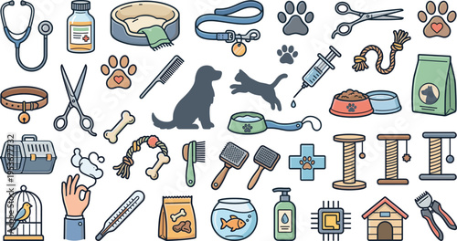 Pet Care and Veterinary Services Icon Set with Dog, Cat, Fish, Bird, Medical Equipment, Grooming Tools, Healthy Food, and Animal Accessories Vector Illustrations