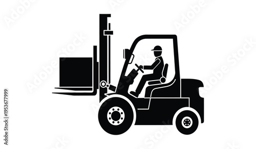 Silhouette of a forklift operator driving a vehicle with a large load attached silhouette