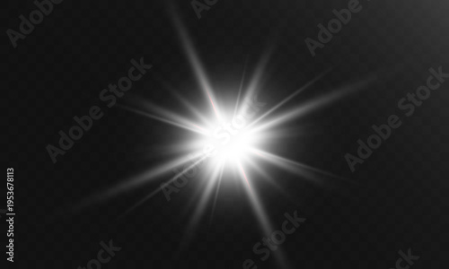 Bright white starburst light with glowing rays and flare on dark background abstract flash illumination effect.
