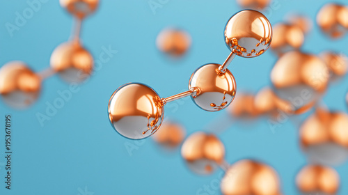 Golden molecular structure on blue background, science, chemistry and nanotechnology concept, modern abstract design.