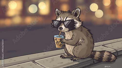  illustration of a raccoon wearing stylish sunglasses, casually sipping iced coffee from a clear plastic cup with a straw perched on a city curb at night