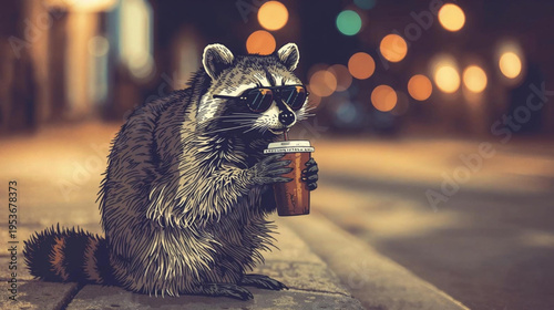  illustration of a raccoon wearing stylish sunglasses, casually sipping iced coffee from a clear plastic cup with a straw perched on a city curb at night