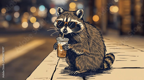  illustration of a raccoon wearing stylish sunglasses, casually sipping iced coffee from a clear plastic cup with a straw perched on a city curb at night