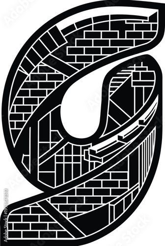 Stylized letter g urban architecture graphic design, abstract city map monogram with geometric brick patterns.