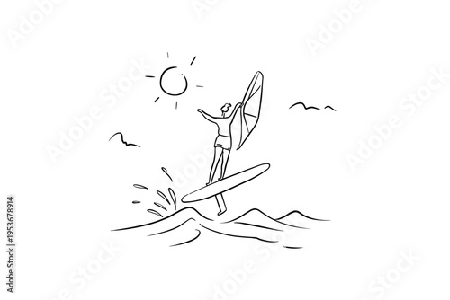 Joyful Woman Performing a High Jump on a Wingfoil Board