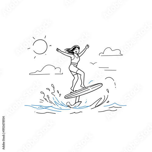 Joyful Woman Performing a High Jump on a Wingfoil Board