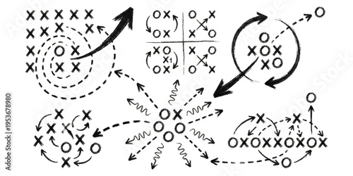 Hand drawn sports strategy game plan with tactical diagrams play maneuvers and chalkboard coaching instructions vector illustration