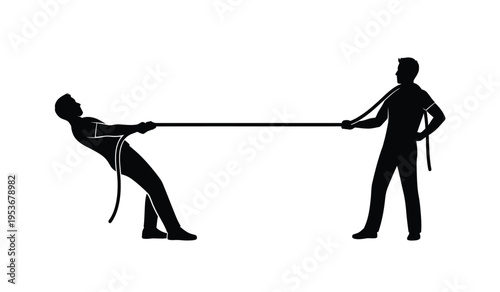 Silhouette of two people pulling on a rope in opposite directions with harnesses