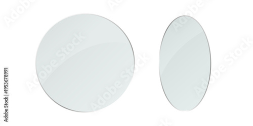 Glass circle and oval shapes with glossy surface and mirror effect isolated on white background minimal modern UI elements.
