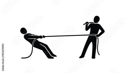 Silhouette of two people engaged in a tug of war with rope silhouette