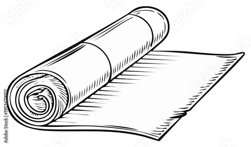 Rolled-up mat or material, partly unrolled, vector illustration, white background.