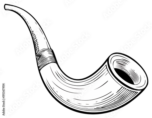 Vintage wooden smoking pipe with curved stem and detailed engraving isolated on white background