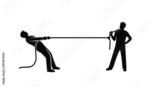 Silhouette of a man and woman playing tug of war with a rope in a dynamic pose