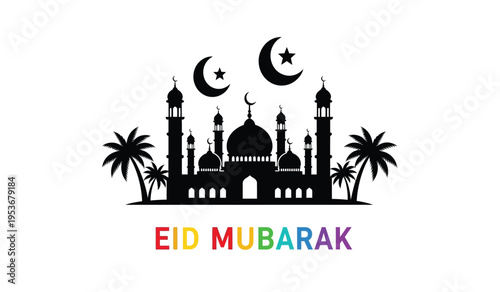 Eid mubarak celebration silhouette with mosque and crescent moons