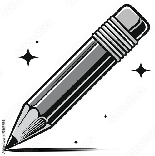 Sharp pencil drawing a line with sparkling stars around it, symbolizing creativity and ideas