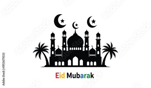 Eid mubarak greeting card with mosque silhouette and crescent moons