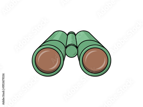 Green cartoon binoculars with brown lenses and black outline white background optics