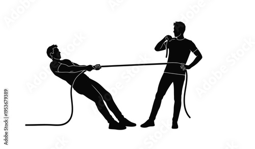 Silhouette of man pulling rope attached to another man's waist in a dynamic pose