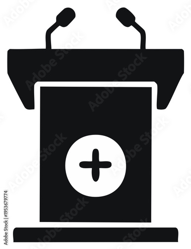 Conference Podium with Microphones and Plus Sign Symbol, Presentation Stage Icon