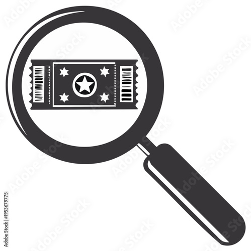 Event ticket under magnifying glass, search for entertainment, find opportunity, look for admission, show entrance pass