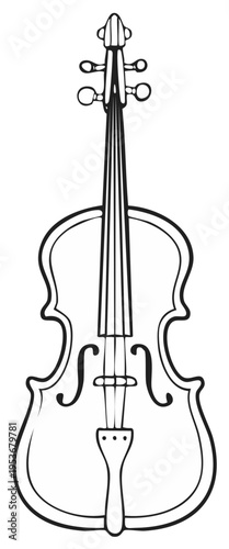 Elegant Violin Outlined Illustration, Stringed Musical Instrument, Black and White Drawing