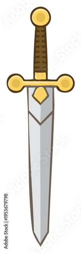 Illustrative cartoon-style silver sword with golden handle, emblem of valor and chivalry, symbol of medieval times