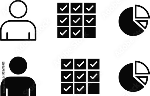 Set of business icons in outline and silhouette styles featuring user avatar, checklist grid, and pie chart for data analytics, management, and productivity.