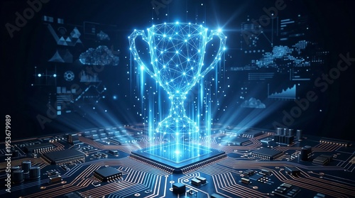 Digital achievement concept with glowing trophy cup and circuit board in low poly style on dark blue ai
