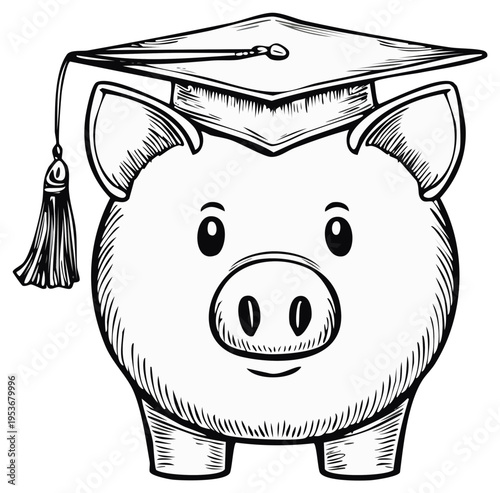 Illustration of Piggy Bank Wearing Mortarboard for College or University Savings
