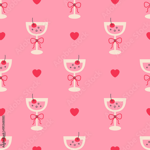 Romantic Pink Cherry Cocktail Seamless Pattern. Coquette Hand Drawn Alcohol Drink Beverage Background with heart shapes Martini Glass and Sweet Berry. Flat vector illustration