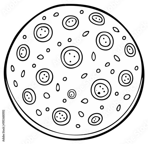 Stylized planet with craters, black and white outline vector illustration for children's coloring book, science fiction astronomy concept