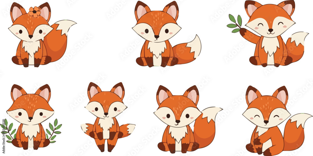 Obraz premium A group of cute cartoon foxes play with leaves in forest scene